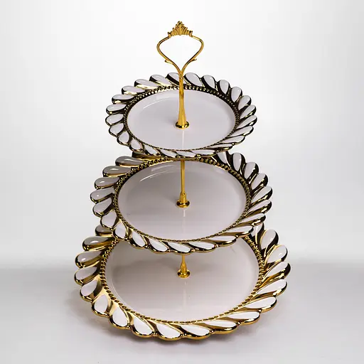 Фруктовница круглая Yiwu Tiffany трехярусная для сервировки фруктов и сладостей 25х33 см фарфоровая стойка для закусок бежевая ML2085 - фото 4