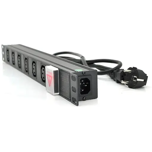 Подовжувач на 6 розеток C13 з вимикачем, 220В, німецький тип, 1U 19 ", з адаптером живлення C13, алюмінієвий корпус, чорний довжина кабелю 1,8 м, Q25