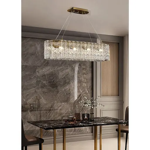 Підвісна видовжена латунна люстра із крижаними пластинами 90х30 см | Line F | Арт. MJ360-L900*300 AB - фото 1