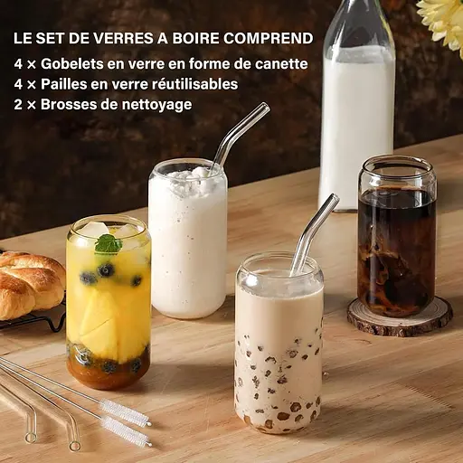 Склянки для пиття NELXIBI з бамбуковою кришкою та скляною соломкою, упаковка з 4 штук, 460 мл/16 унцій для коктейлів, склянка - фото 2