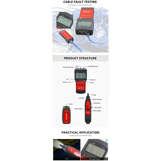 Кабельний тестер Noyafa NF-8200 для RJ45 RJ11 багатофункціональний трасошукач вимірювач відстаней (18890) - фото 5
