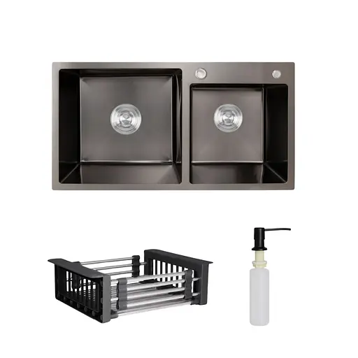 Кухонна мийка Lidz Handmade H7843 з двома чашами інтегрована BlackPVD у комплекті з дозатором та корзиною, Чорний - фото 1