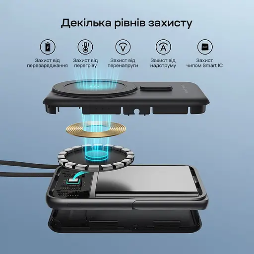 Повербанк 10000mAh Choetech B735 Black QC3.0 PD3.0 бездротова магнітна зарядка, вбудований кабель, підставка (43-00149) - фото 11
