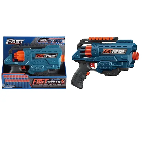 Игрушечный детский пистолет автомат. барабан на батарейках с мягкой. патронами Синий (16 шт.)(27 х 20см) - фото 1