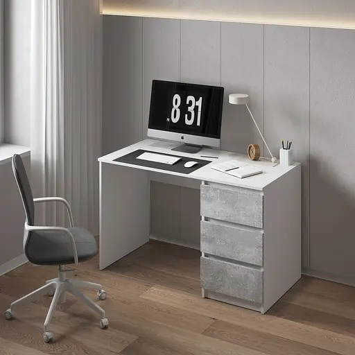Комп'ютерний стіл Vays, письмовий, сучасний, з тумбою справа, 3 шухляды з фасадами без ручок R-1 Білий-Бетон фасад