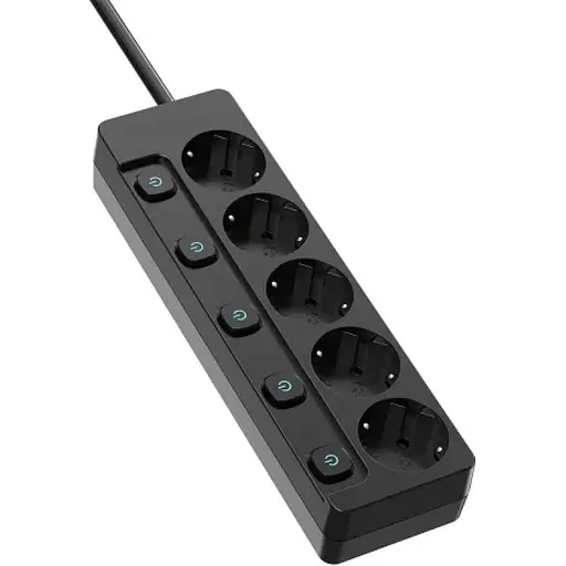 Фільтр мережевий ColorWay, 5 розеток, 2 м, Black, 16А, до 3.5 кВт, індивідуальний вимикач, заземлення, 3x1.5 мм2 (CW-PSEA52SBK) - фото 2