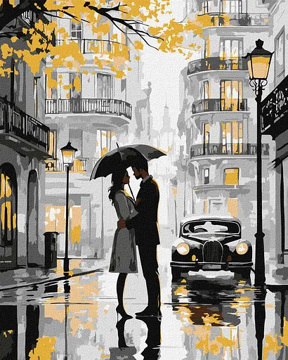 Набір для розпису по номерах Поцілунок під дощем з фарбами металік, Ideyka, 40x50 см, КНО8542