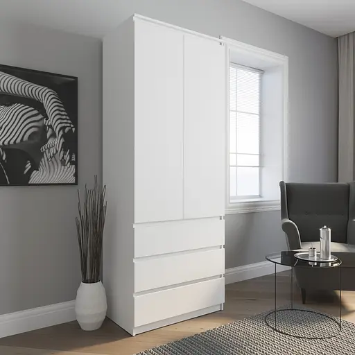 Шафа для одягу Vays R-9 Білий, 3 шухляди, штанга, без ручок, ЛДСП, 80×50×211 см – для спальні, вітальні, передпокою