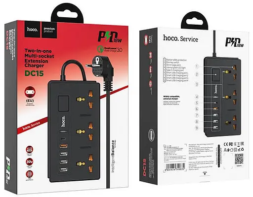 Роздільник мережі Hoco DC15 3 розетки 4 спідниці two-in-one multi-socket extension charger - фото 3