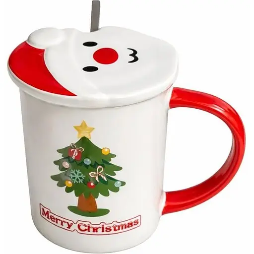 Новогодняя чашка Olens 102-1059-1 Новогодняя 2024 керамика с крышкой и ложкой 380 мл Белая - фото 1