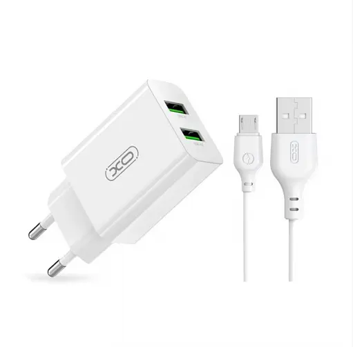 Блок адаптер комплект XO L119 dual USB-A QC18W с кабелем Mirco usb Белый - фото 1