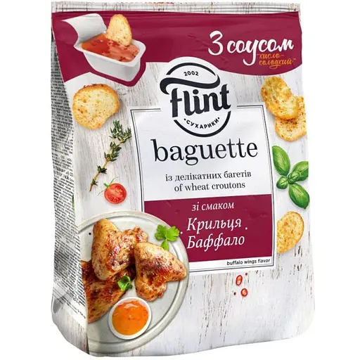 Сухарики пшеничні Flint Baguette зі смаком Крильця Баффало з соусом Кисло-солодкий 50 г + 15 г - фото 1