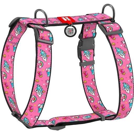 Шлея для собак Waudog Nylon анатомічна H-подібна з QR-паспортом, малюнок "Єдинороги", пластиковий фастекс, XL