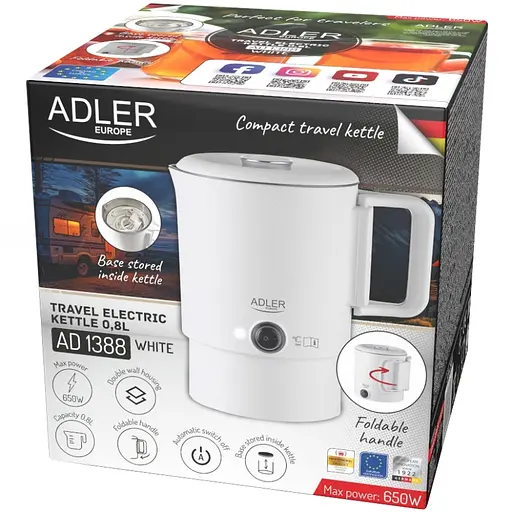 Електрочайник Adler AD 1388w дорожній 650Вт/ 0.8л/ подвійні стінки/ автовимкнення/ білий - фото 7