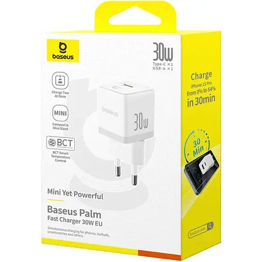 Мережевий зарядний пристрій Baseus Palm 30W USB-C/USB-A Moon White (P1011160A213-00) [132860] - фото 6