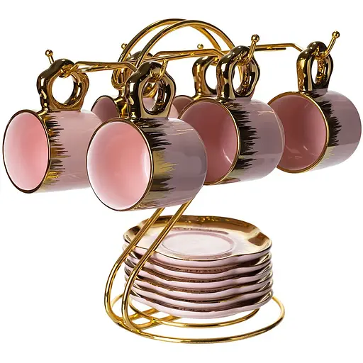 Набор для кофе из фарфора 12 предметов на 6 персон на металлической розовой подставке Yiwu FM-48