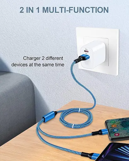 Кабель для багаторазової зарядки 2-в-1 для iPhone та Android, 4-футовий плетений нейлоновий USB-кабель для зарядки з портом типу C - фото 4