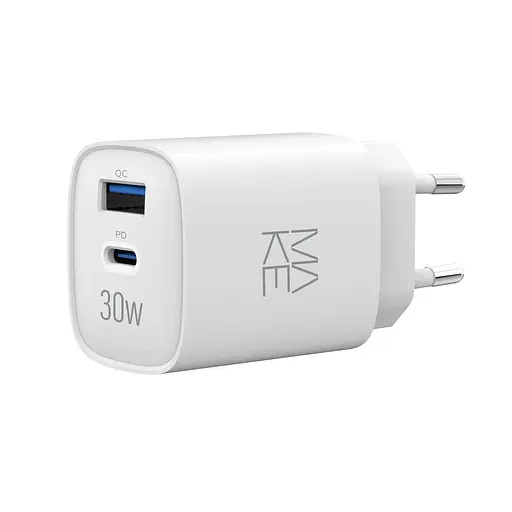 Зарядное устройство сетевое MAKE 30W GaN3 Type-C PD3.0 + USB QC3.0 White