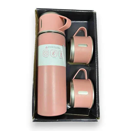 Набор подарочный Hot&amp;Cold термос с 3 кружками вакуумный дорожный туристический 500 мл розовый - фото 2