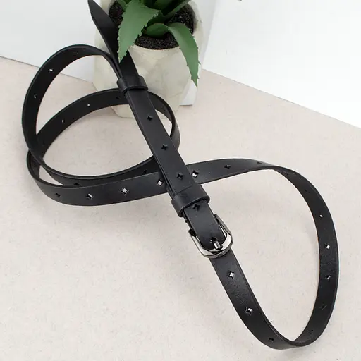 Ремінь жіночий вузький шкіряний з дірочками SF-1545 чорний (125 см) - фото 4