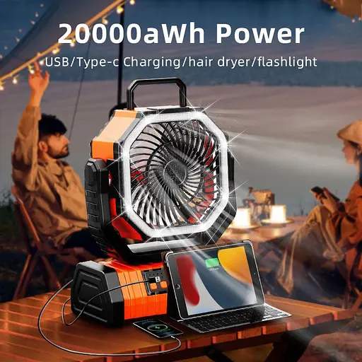 Вентилятор F6 Camping Fan с аккумулятором на 20000 mAh, подсветкой, павербанком и 4 режимами скорости (00342) - фото 5