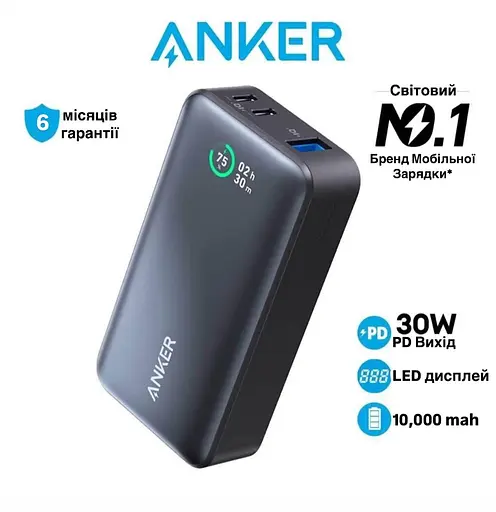 Павербанк Anker 533 10000 mAh 30 W со сквозной зарядкой и индикатором заряда Повербанк для телефона и ноутбука - фото 4