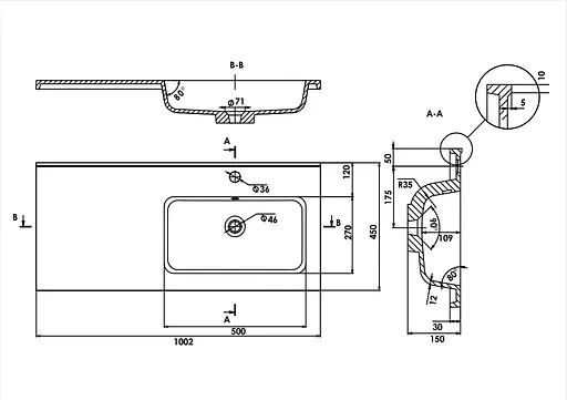 Раковина матова врізна Amidicon Rodeo 100R 1000x450 з литого каменю RODEO_100R_MAT, Білий матовий - фото 6