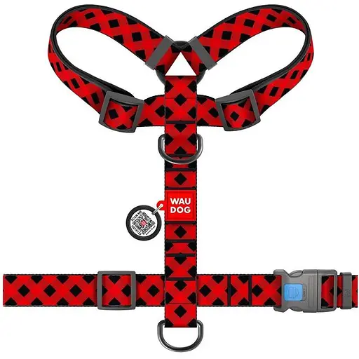 Шлея для собак Waudog Nylon анатомічна H-подібна з QR-паспортом, малюнок "Шотландка червона", пластиковий фастекс, XL - фото 2