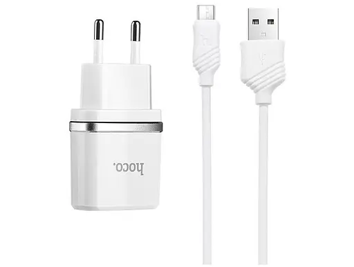 Блок питания 2 USB-порта + Юсб кабель micro Hoco C12 набор белый 6957531047773 - фото 1