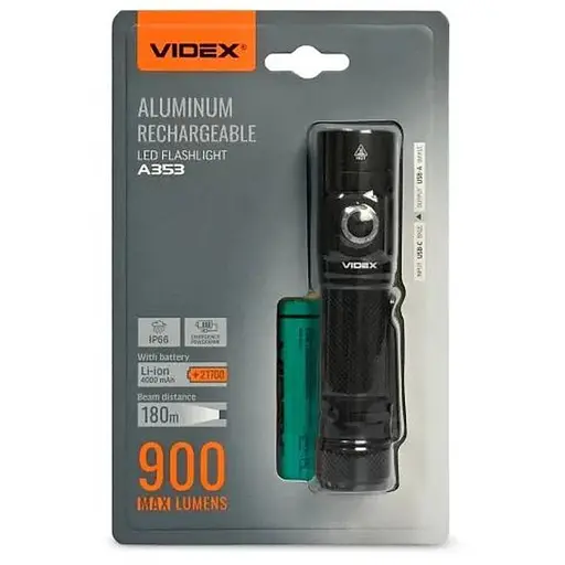 Фонарь ручной Videx A353, Black, 900 Лм, 5000K, до 180 м, 4 режима работы, линзы из закаленного стекла, светодиод Luminus SST40 (10 Вт), аккумулятор (Li-ion 21700 4000mAh), Type-C, IP66 (VLF-A353)