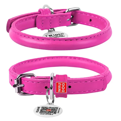 Ошейник для собак кожаный Waudog Glamour с QR-паспортом круглый Д 8 мм Д 20-25 см розовый