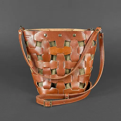 Шкіряна плетена жіноча сумка Пазл M світло-коричнева Krast - фото 9