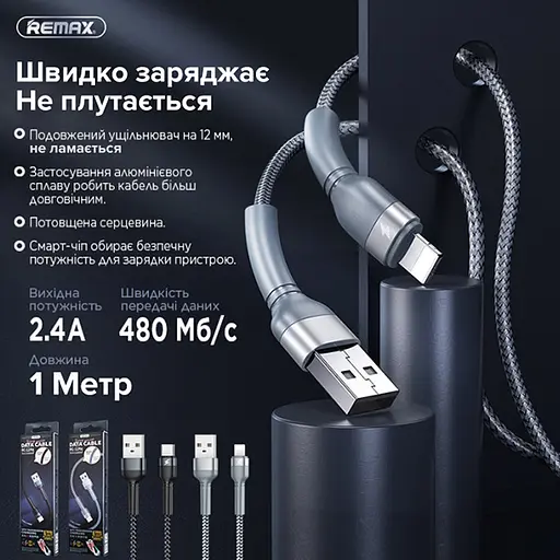 Дата кабель для зарядки айфонов REMAX Jany RC-124i USB - Lightning 8-pin Серебряный (1м) - фото 3