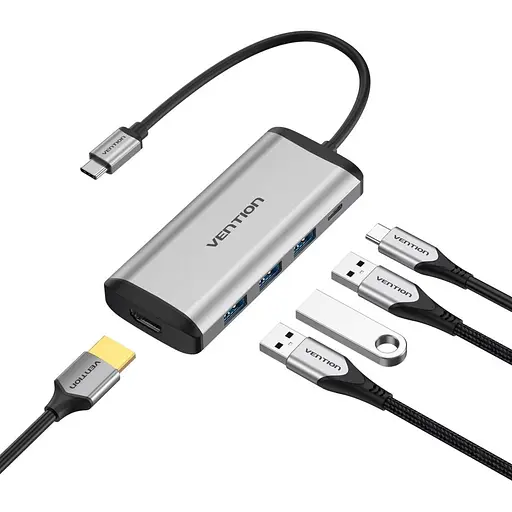 USB-хаб Vention Type-C to HDMI/USB3.0*3/PD Converter 0.15M Gray Metal Type (CNBHB) - фото 2