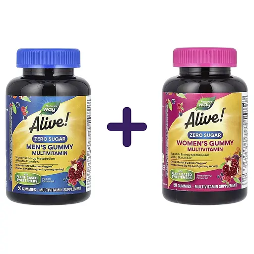 Набор: витаминно-минеральный комплекс для мужчин Nature&#39;s Way Alive! Men&#39;s Gummy Multivitamin без сахара 50 жевательных конфет + мультивитамины для женщин Nature&#39;s Way Alive! Women&#39;s Gummy Multivitamin без сахара вкус клубники 50 жевательных конфет