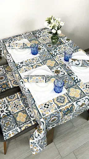 Водоотталкивающая Скатерть Витраж плитка синяя 220х140 см (+ 4 салфетки 30х40) - фото 7