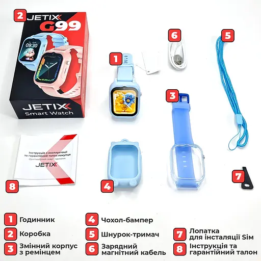 Дитячий смарт-годинник JETIX G99 зі змінним корпусом, GPS, 4G Відеодзвінком і вологозахистом (Blue) - фото 9