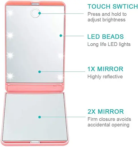 Зеркало портативное Rantizon Christmas Stocking Fillers для макияжа с диммером 8 светодиодов с подсветкой 1X и 2X - фото 4