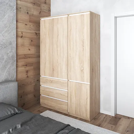 Шкаф для одежды Vays в спальню с 3 шухлядами, штангой и полками, без ручек R9+R22 Дуб Сонома-Белые планки