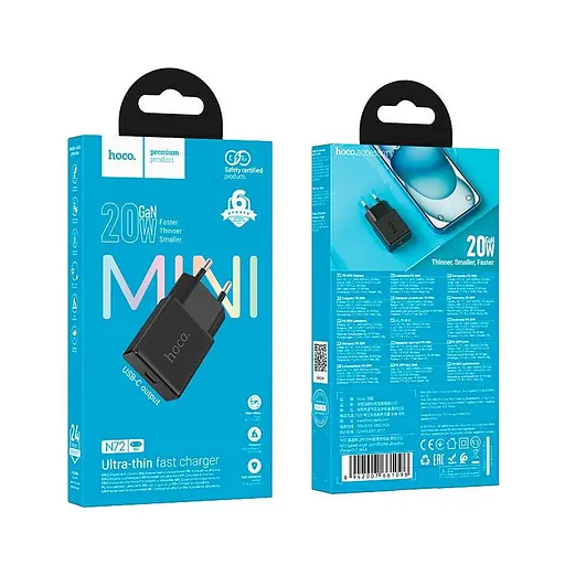Адаптер сетевой HOCO Speed ​​single-port PD ultra-thin charger N72 |1Type-C, 20W/3A, PD/QC| - фото 2