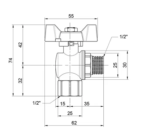 Кран кульовий Thermo Alliance Forte 1/2" ВЗ кутовий, PN40, метелик SF267W15 - фото 3
