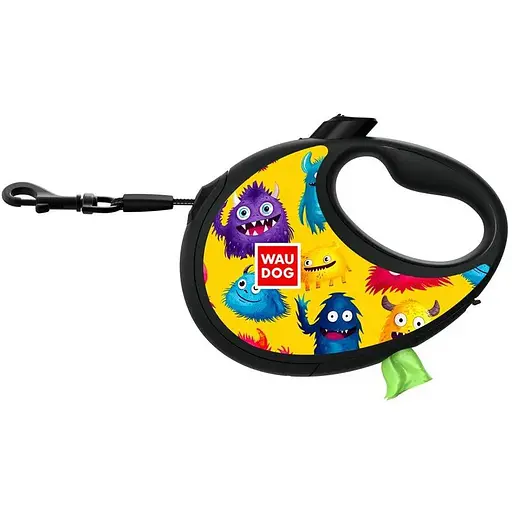 Повідець-рулетка для собак Waudog R-leash з контейнером для пакетів, малюнок "Мохнаті монстри", світловідбивна стрічка, L