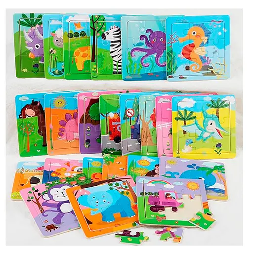 Деревянная игрушка Пазлы, 9 деталей (животные, транспорт, морские обитатели), 9x9x0.5 см (в ассортименте)