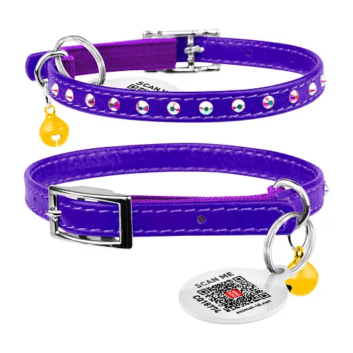 Ошейник Waudog Glamour с резинкой клеевыми стразами для кошек (ширина 9мм длина 22-30см) фиолетовый