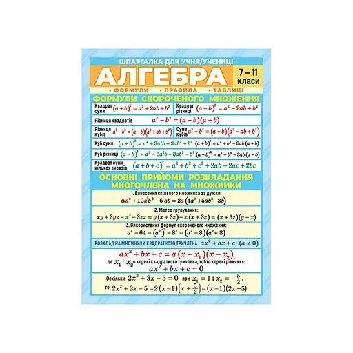 Шпаргалка школьная «Алгебра 7-11 класс» Ранок 10112015 - фото 1