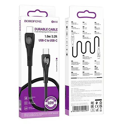 Кабель BOROFONE BX98 Type-C to Type-C Superior 60W charging data cable Black - фото 2