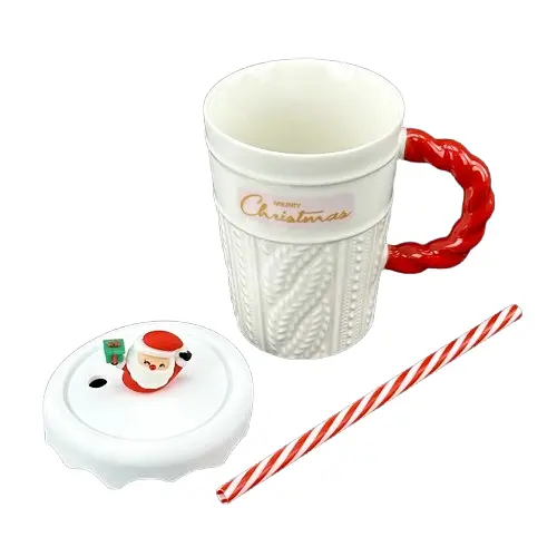Чашка новогодняя Olens 102-1061-2 Рождественский свитер керамика с крышкой и трубочкой 380 мл Белая - фото 2