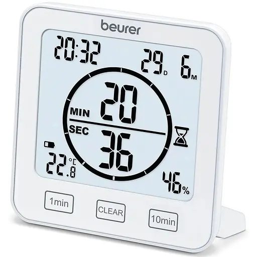 Beurer Термогігрометр, внутр. вимірювання, темп-ра, вологість, час, AAAx2, в комплекті, білий