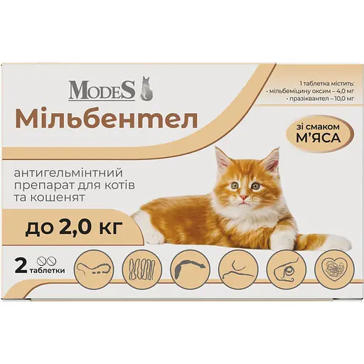 Таблетки антигельмінтні ModeS мільбентел для кошенят і котів до 2 кг