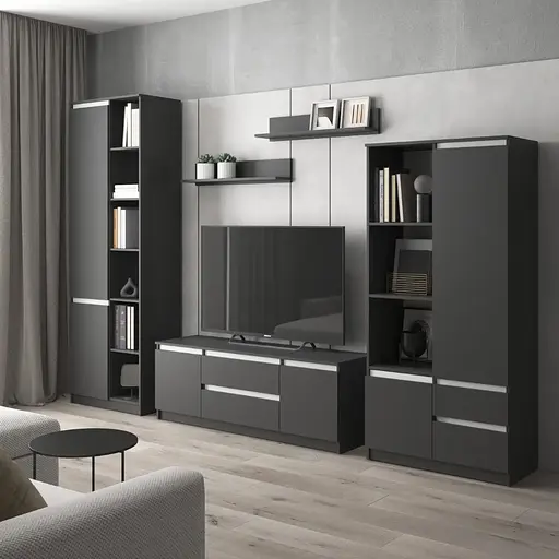 Комплект мебели в гостиную VAYS шкаф R-26, шкаф R-27, тумба R-28, полки М-22, антрацит-белые планки